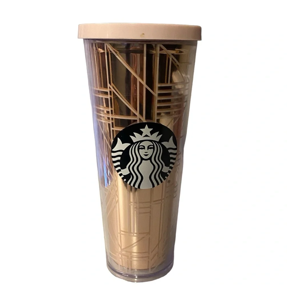 STARBUCKS 2017 Venti Cold Cup Tumbler Rose Gold Pink With Lid No Straw